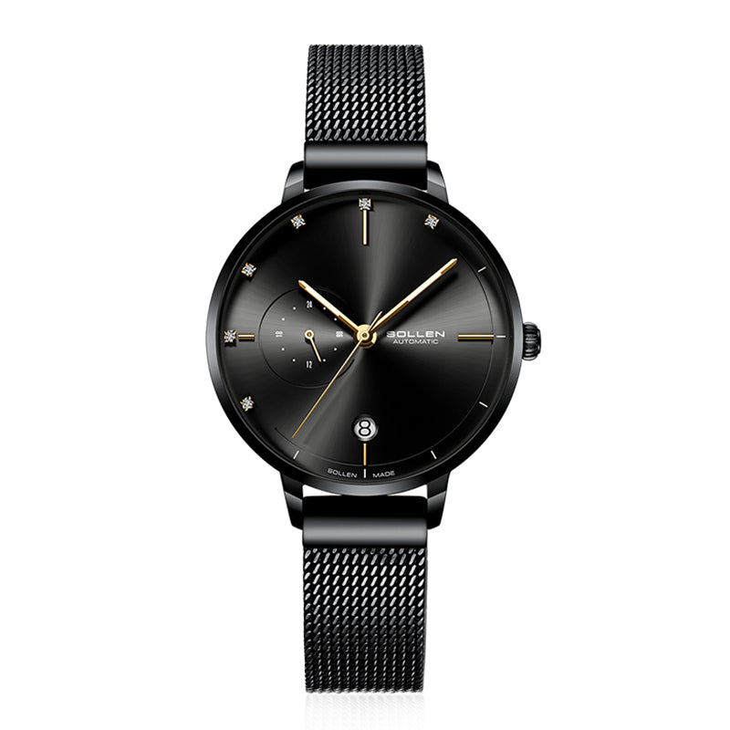 Sollen SL416 Women's Automatic Mechanical Watch - 36mm Stainless Steel Case Slim 9.9mm 24-Hour Subdial Date Mesh Bracelet Wristwatch