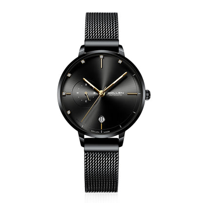 Sollen SL416 Women's Automatic Mechanical Watch - 36mm Stainless Steel Case Slim 9.9mm 24-Hour Subdial Date Mesh Bracelet Wristwatch