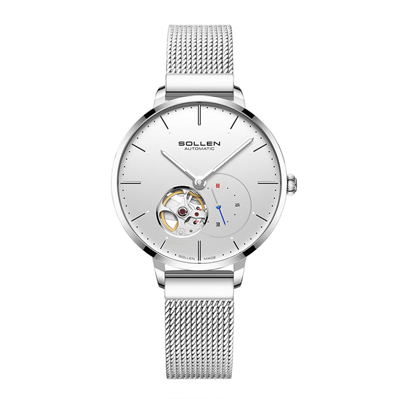 Sollen SL418 Women's Open Heart Automatic Mechanical Watch - 36mm Stainless Steel Case Slim 9.9mm Small Seconds Mesh Bracelet Wristwatch