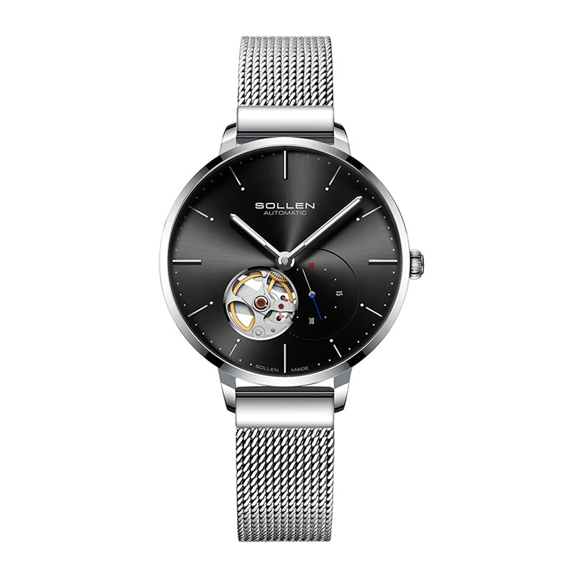 Sollen SL418 Women's Open Heart Automatic Mechanical Watch - 36mm Stainless Steel Case Slim 9.9mm Small Seconds Mesh Bracelet Wristwatch