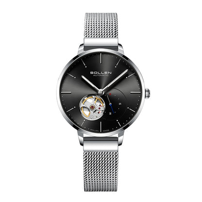 Sollen SL418 Women's Open Heart Automatic Mechanical Watch - 36mm Stainless Steel Case Slim 9.9mm Small Seconds Mesh Bracelet Wristwatch