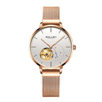 Sollen SL418 Women's Open Heart Automatic Mechanical Watch - 36mm Stainless Steel Case Slim 9.9mm Small Seconds Mesh Bracelet Wristwatch