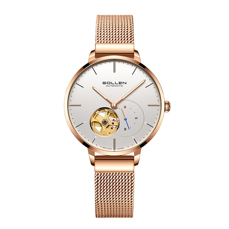 Sollen SL418 Women's Open Heart Automatic Mechanical Watch - 36mm Stainless Steel Case Slim 9.9mm Small Seconds Mesh Bracelet Wristwatch