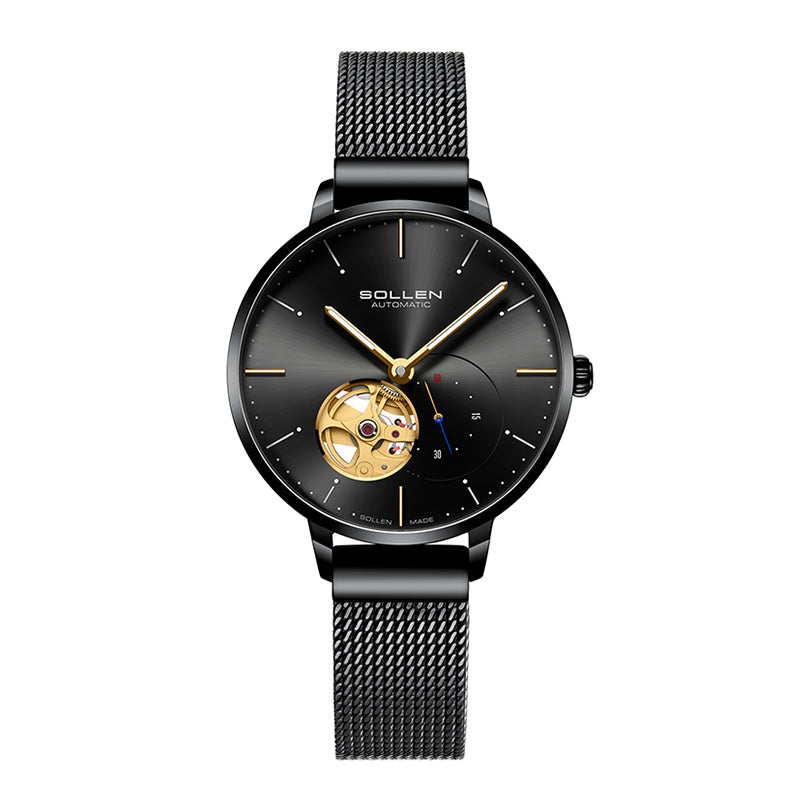 Sollen SL418 Women's Open Heart Automatic Mechanical Watch - 36mm Stainless Steel Case Slim 9.9mm Small Seconds Mesh Bracelet Wristwatch