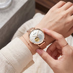 Sollen SL418 Women's Open Heart Automatic Mechanical Watch - 36mm Stainless Steel Case Slim 9.9mm Small Seconds Mesh Bracelet Wristwatch