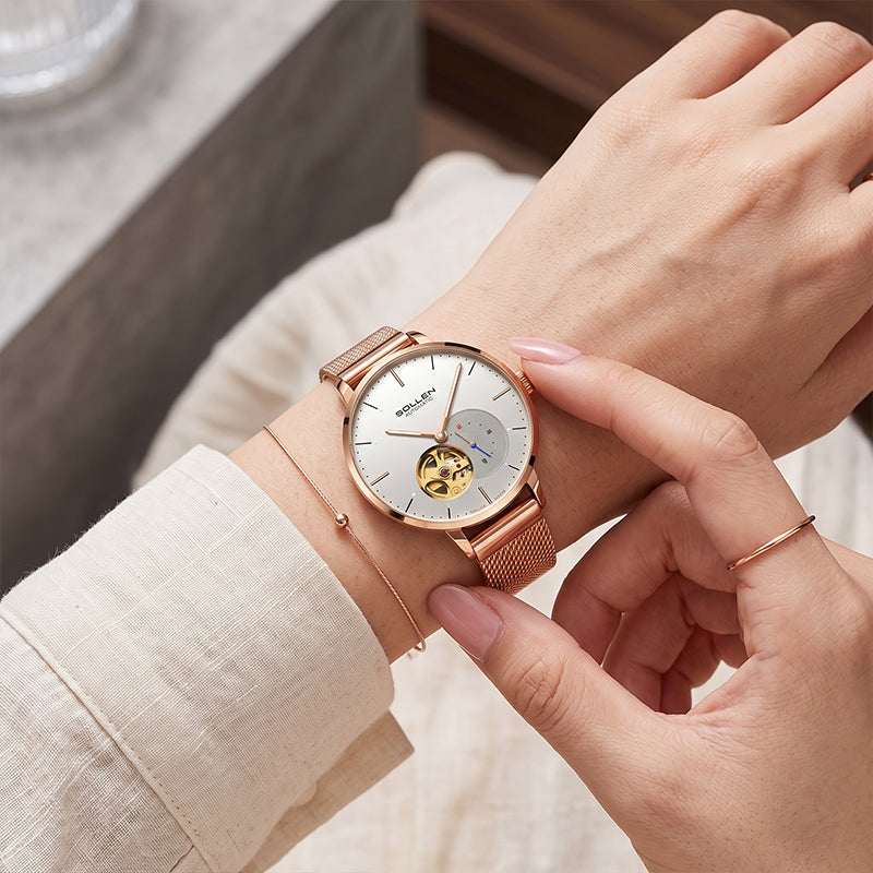 Sollen SL418 Women's Open Heart Automatic Mechanical Watch - 36mm Stainless Steel Case Slim 9.9mm Small Seconds Mesh Bracelet Wristwatch