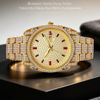 BELBI BELBL-8137 Live Edition Men's Iced Out Watch - Luxury Full Crystals Encrusted Round Case Pave Dial Ruby Red Indices 3H Date Metal Band Hiphop Wristwatch