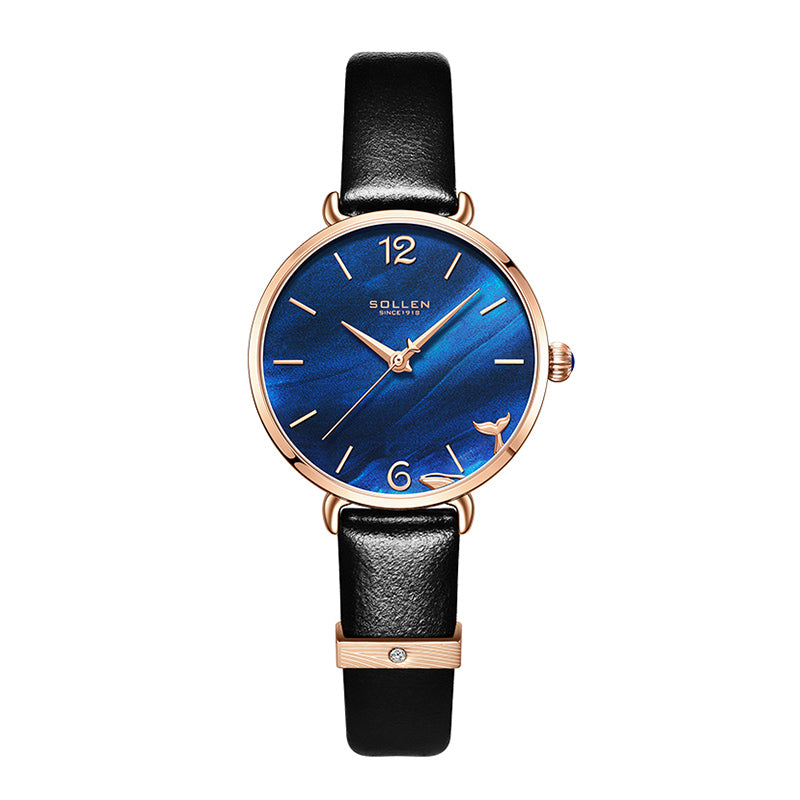 Sollen SL420 Women's Iolite Stone Dial Quartz Watch - Crystal Bezel Swarovski Zirconia Accent Genuine Leather Strap Wristwatch