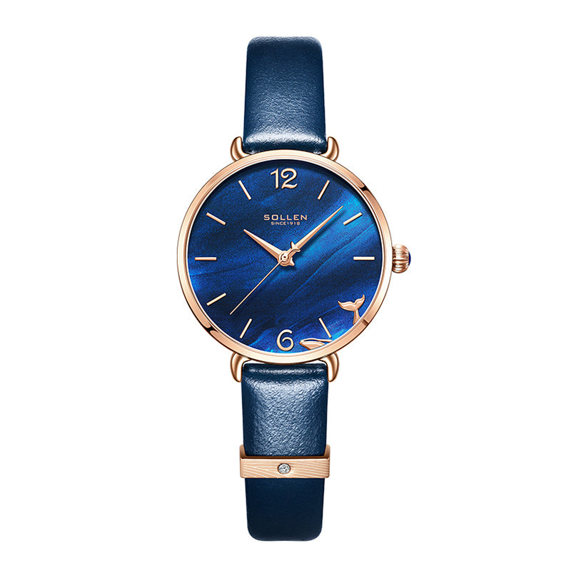 Sollen SL420 Women's Iolite Stone Dial Quartz Watch - Crystal Bezel Swarovski Zirconia Accent Genuine Leather Strap Wristwatch