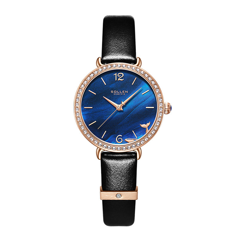 Sollen SL420 Women's Iolite Stone Dial Quartz Watch - Crystal Bezel Swarovski Zirconia Accent Genuine Leather Strap Wristwatch