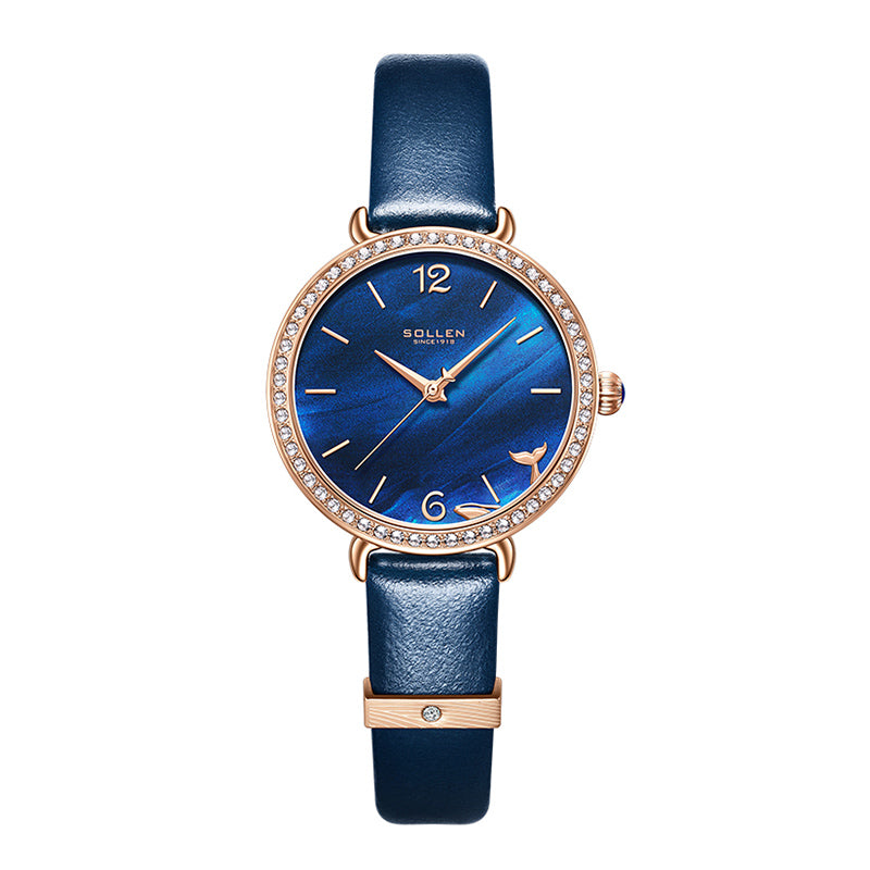 Sollen SL420 Women's Iolite Stone Dial Quartz Watch - Crystal Bezel Swarovski Zirconia Accent Genuine Leather Strap Wristwatch