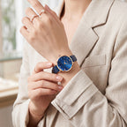 Sollen SL420 Women's Iolite Stone Dial Quartz Watch - Crystal Bezel Swarovski Zirconia Accent Genuine Leather Strap Wristwatch