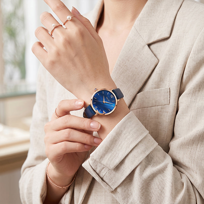 Sollen SL420 Women's Iolite Stone Dial Quartz Watch - Crystal Bezel Swarovski Zirconia Accent Genuine Leather Strap Wristwatch