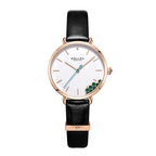 Sollen SL422 Women's Malachite Accent Quartz Watch - Crystal Bezel Swarovski Zirconia Genuine Leather Strap Wristwatch