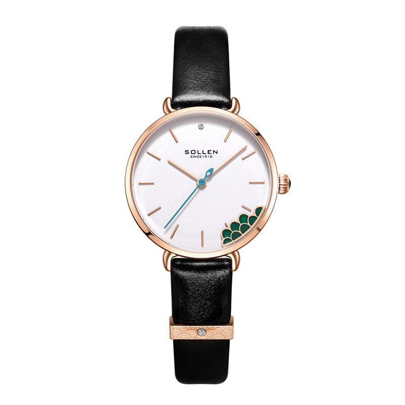 Sollen SL422 Women's Malachite Accent Quartz Watch - Crystal Bezel Swarovski Zirconia Genuine Leather Strap Wristwatch