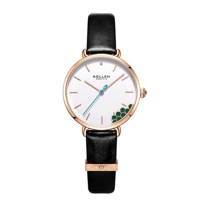Sollen SL422 Women's Malachite Accent Quartz Watch - Crystal Bezel Swarovski Zirconia Genuine Leather Strap Wristwatch