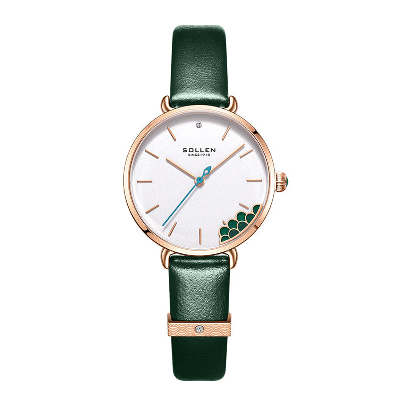 Sollen SL422 Women's Malachite Accent Quartz Watch - Crystal Bezel Swarovski Zirconia Genuine Leather Strap Wristwatch
