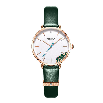 Sollen SL422 Women's Malachite Accent Quartz Watch - Crystal Bezel Swarovski Zirconia Genuine Leather Strap Wristwatch