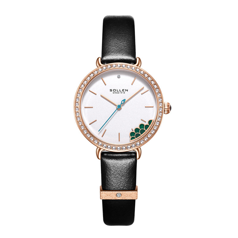 Sollen SL422 Women's Malachite Accent Quartz Watch - Crystal Bezel Swarovski Zirconia Genuine Leather Strap Wristwatch