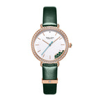 Sollen SL422 Women's Malachite Accent Quartz Watch - Crystal Bezel Swarovski Zirconia Genuine Leather Strap Wristwatch
