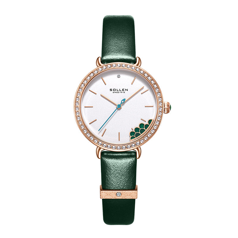 Sollen SL422 Women's Malachite Accent Quartz Watch - Crystal Bezel Swarovski Zirconia Genuine Leather Strap Wristwatch