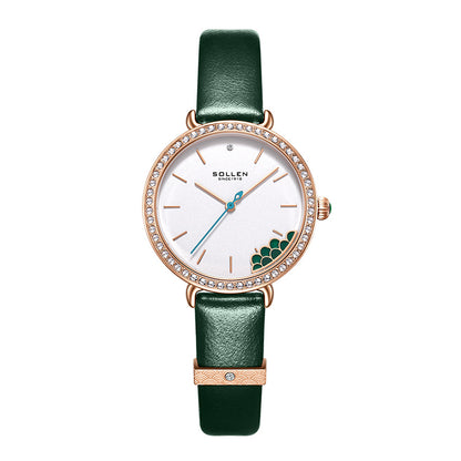 Sollen SL422 Women's Malachite Accent Quartz Watch - Crystal Bezel Swarovski Zirconia Genuine Leather Strap Wristwatch