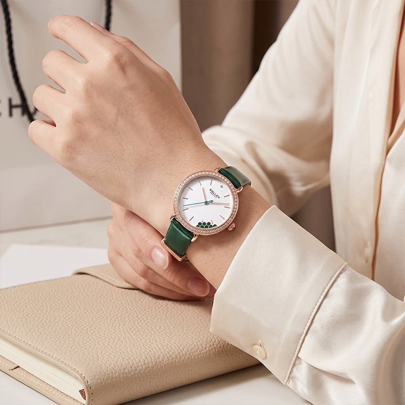 Sollen SL422 Women's Malachite Accent Quartz Watch - Crystal Bezel Swarovski Zirconia Genuine Leather Strap Wristwatch