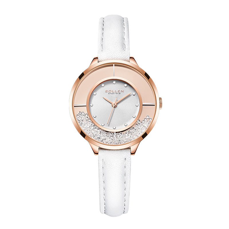 Sollen SL423 Women's Quartz Watch - 33.5mm Vinyl Record Texture Dial 12 Zirconia Markers Genuine Leather Strap Wristwatch