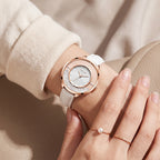 Sollen SL423 Women's Quartz Watch - 33.5mm Vinyl Record Texture Dial 12 Zirconia Markers Genuine Leather Strap Wristwatch
