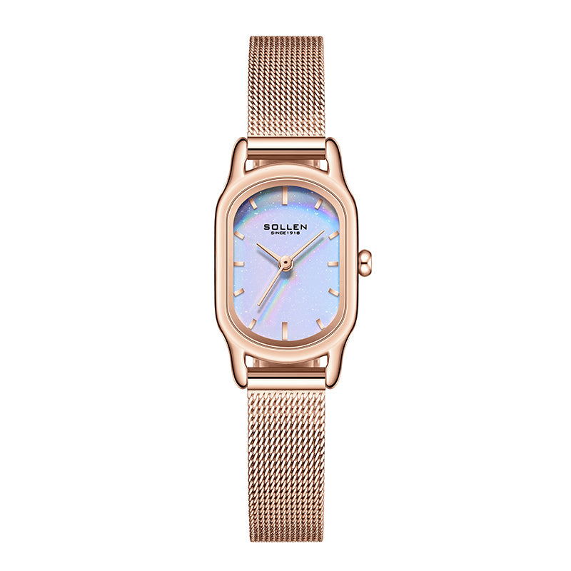 Sollen SL425 Women's Oval Holographic Quartz Watch - 20x26mm Rainbow Dial Rose Gold Mesh Bracelet Wristwatch