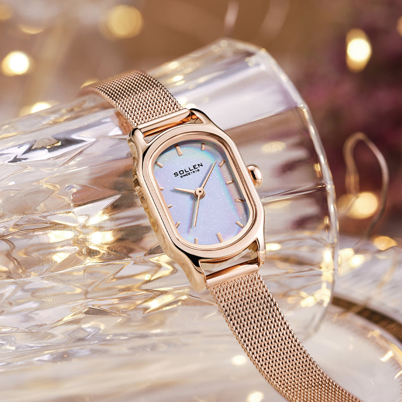 Sollen SL425 Women's Oval Holographic Quartz Watch - 20x26mm Rainbow Dial Rose Gold Mesh Bracelet Wristwatch