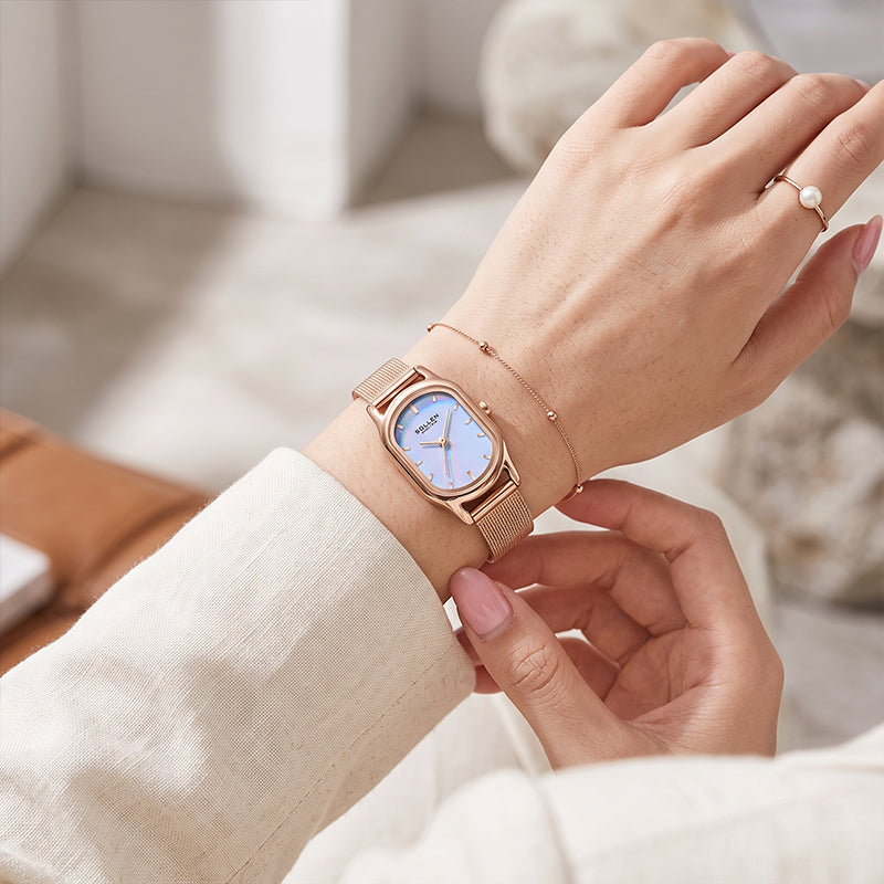 Sollen SL425 Women's Oval Holographic Quartz Watch - 20x26mm Rainbow Dial Rose Gold Mesh Bracelet Wristwatch