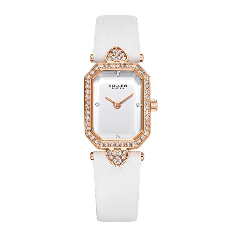 Sollen SL426 Women's Tank Quartz Watch - 20x26mm Slim 7mm Crystal Bezel Swarovski Zirconia Genuine Leather Strap Wristwatch