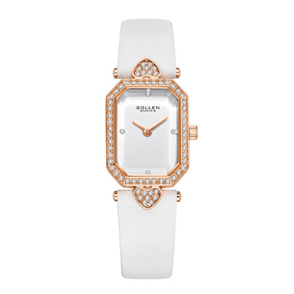 Sollen SL426 Women's Tank Quartz Watch - 20x26mm Slim 7mm Crystal Bezel Swarovski Zirconia Genuine Leather Strap Wristwatch
