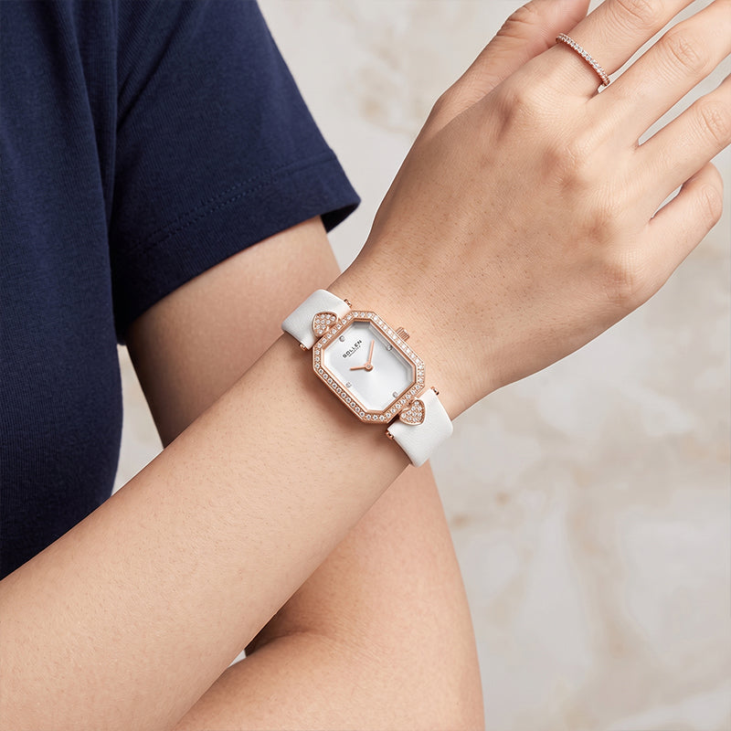 Sollen SL426 Women's Tank Quartz Watch - 20x26mm Slim 7mm Crystal Bezel Swarovski Zirconia Genuine Leather Strap Wristwatch