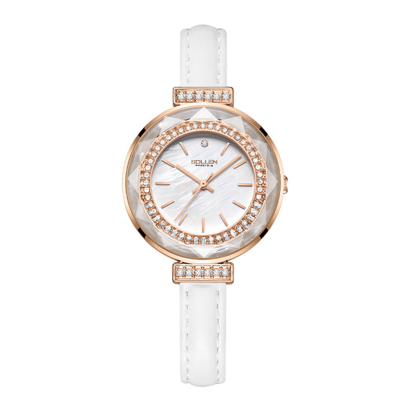 Sollen SL427 Women's Quartz Watch - 35mm Crystal Bezel Mother of Pearl Dial Swarovski Zirconia Genuine Leather Strap Wristwatch
