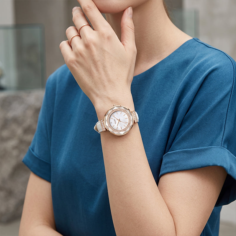 Sollen SL427 Women's Quartz Watch - 35mm Crystal Bezel Mother of Pearl Dial Swarovski Zirconia Genuine Leather Strap Wristwatch