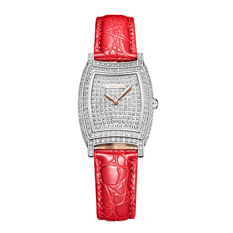Sollen SL430 Women's Tonneau Quartz Watch - 28x32mm Full Pave Crystal Dial Iced Out Leather Strap Wristwatch