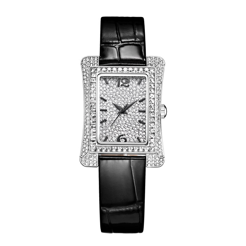 Sollen SL432 Women's Tank Quartz Watch - 33x43mm Full Pave Crystal Dial Iced Out Genuine Leather Strap Wristwatch