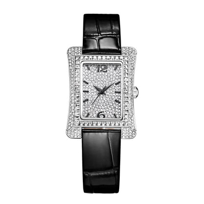 Sollen SL432 Women's Tank Quartz Watch - 33x43mm Full Pave Crystal Dial Iced Out Genuine Leather Strap Wristwatch