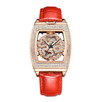 Sollen SL433 Women's Quartz Watch - 33.5x38mm Spinning Four-Leaf Clover Dial Crystal Bezel Genuine Leather Strap Wristwatch