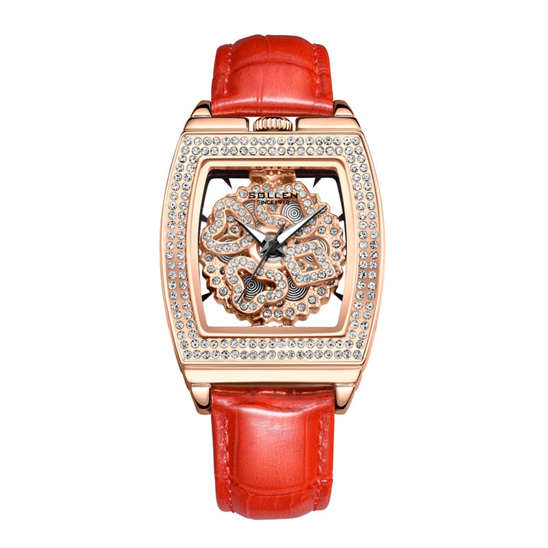 Sollen SL433 Women's Quartz Watch - 33.5x38mm Spinning Four-Leaf Clover Dial Crystal Bezel Genuine Leather Strap Wristwatch