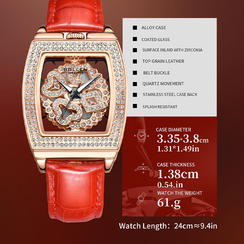 Sollen SL433 Women's Quartz Watch - 33.5x38mm Spinning Four-Leaf Clover Dial Crystal Bezel Genuine Leather Strap Wristwatch