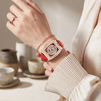 Sollen SL433 Women's Quartz Watch - 33.5x38mm Spinning Four-Leaf Clover Dial Crystal Bezel Genuine Leather Strap Wristwatch