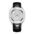 Sollen SL435 Women's Baguette Crystal Quartz Watch - 35x36mm Full Pave Dial Iced Out Genuine Leather Strap Wristwatch