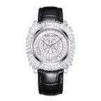 Sollen SL435 Women's Baguette Crystal Quartz Watch - 35x36mm Full Pave Dial Iced Out Genuine Leather Strap Wristwatch
