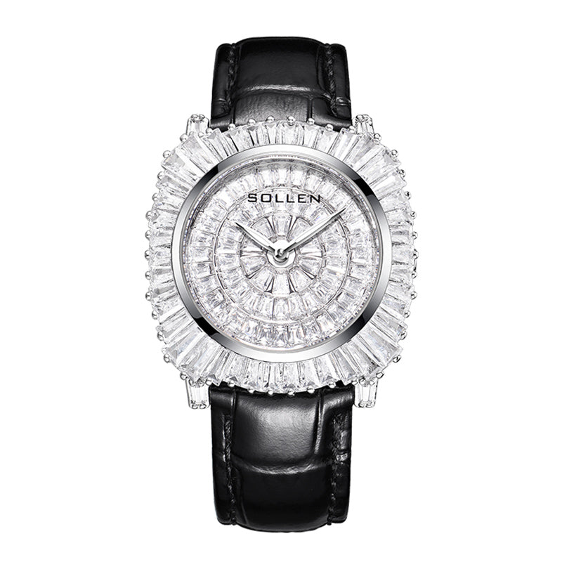 Sollen SL435 Women's Baguette Crystal Quartz Watch - 35x36mm Full Pave Dial Iced Out Genuine Leather Strap Wristwatch