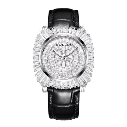 Sollen SL435 Women's Baguette Crystal Quartz Watch - 35x36mm Full Pave Dial Iced Out Genuine Leather Strap Wristwatch
