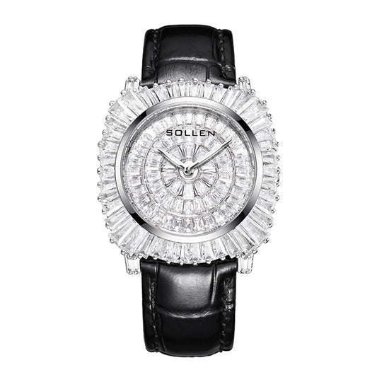 Sollen SL435 Quartz Watch - Women's Genuine Leather Geometric Flared Square Full-Pave Wristwatch