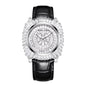 Sollen SL435 Women's Baguette Crystal Quartz Watch - 35x36mm Full Pave Dial Iced Out Genuine Leather Strap Wristwatch